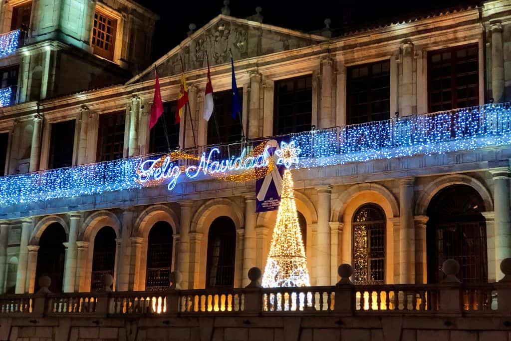 Downtown Toledo with Townhall Building decorated with Christmas lights and Christmas tree