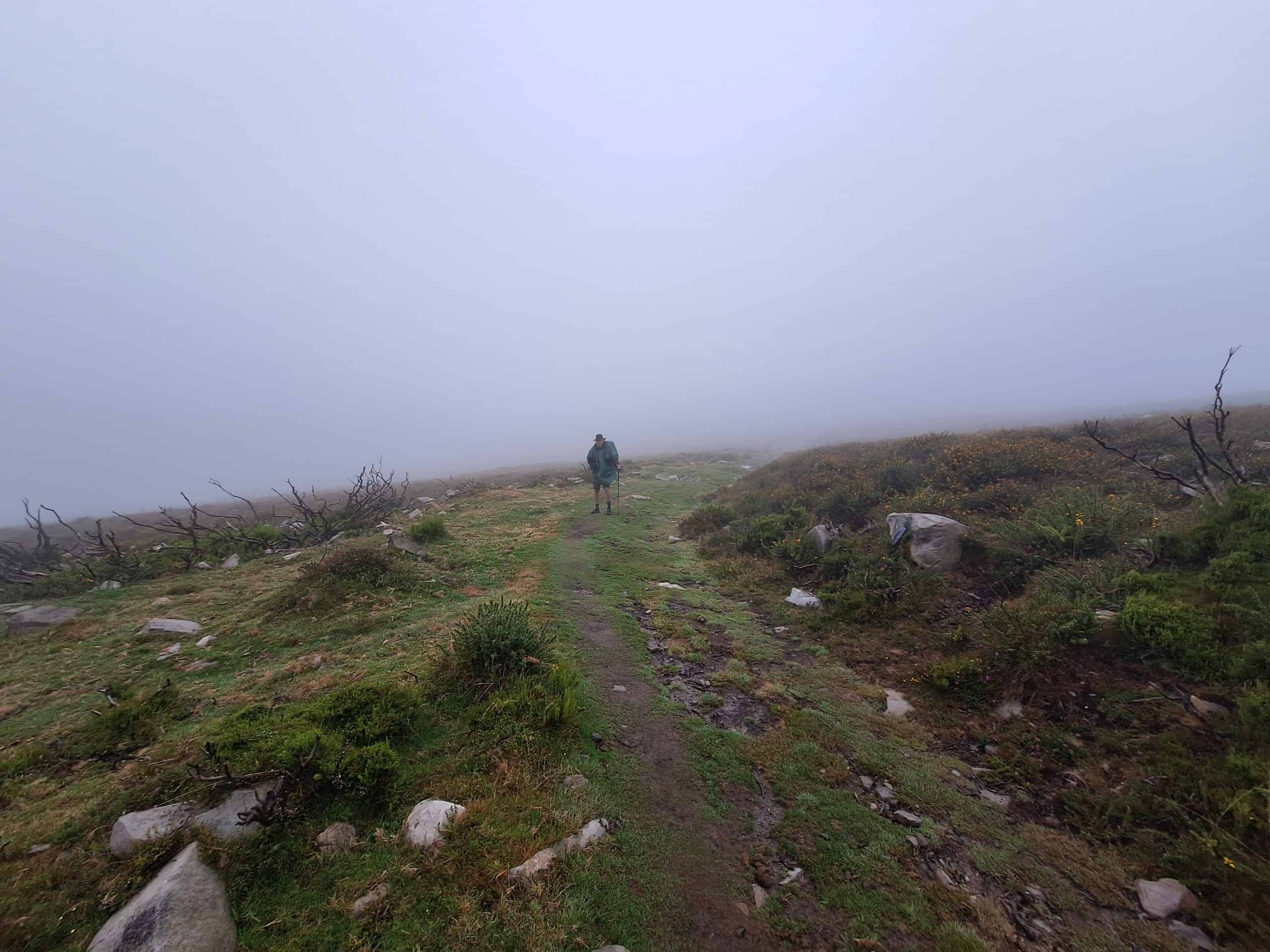 Pilgrim on a misty mountain trail of the Camino Primitivo, illustrating the quieter, peaceful seasons when to avoid crowds and find solitude.